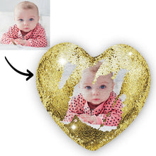 Load image into Gallery viewer, Reversible Flip Sequin Heart Custom Photo Pillow
